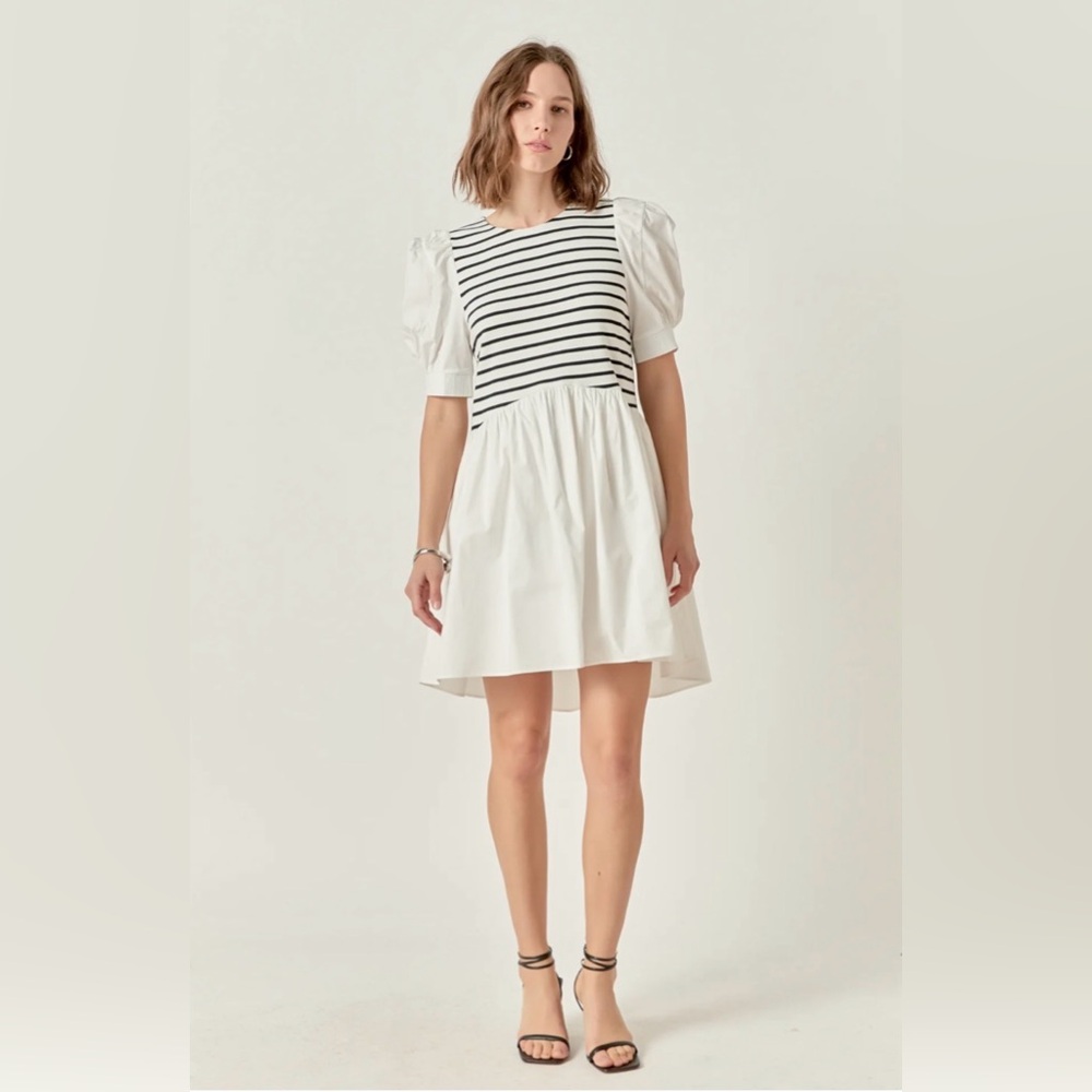 English Factory Puff Sleeve High Low Knit Combo Dress in Black and White Stripe